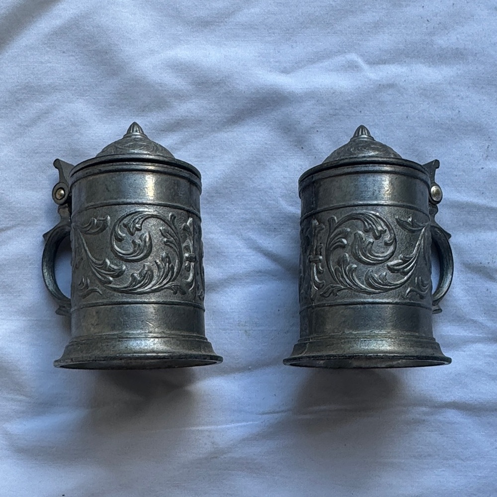 Vintage Miniature Pewter Steins Set of 2 95% SKS ZINN Lidded Beer Mugs 2.5"